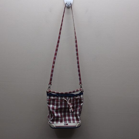 Vintage Tommy Hilfiger Plaid Drawstring Bucket Bag Shoulder Y2K Purse Red White - Picture 2 of 10